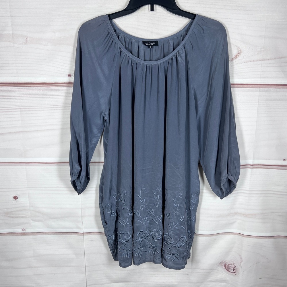 Tolani Tunic Top Women Small Gray Embroidered Silk Long Sleeve Scoop Neck Boho